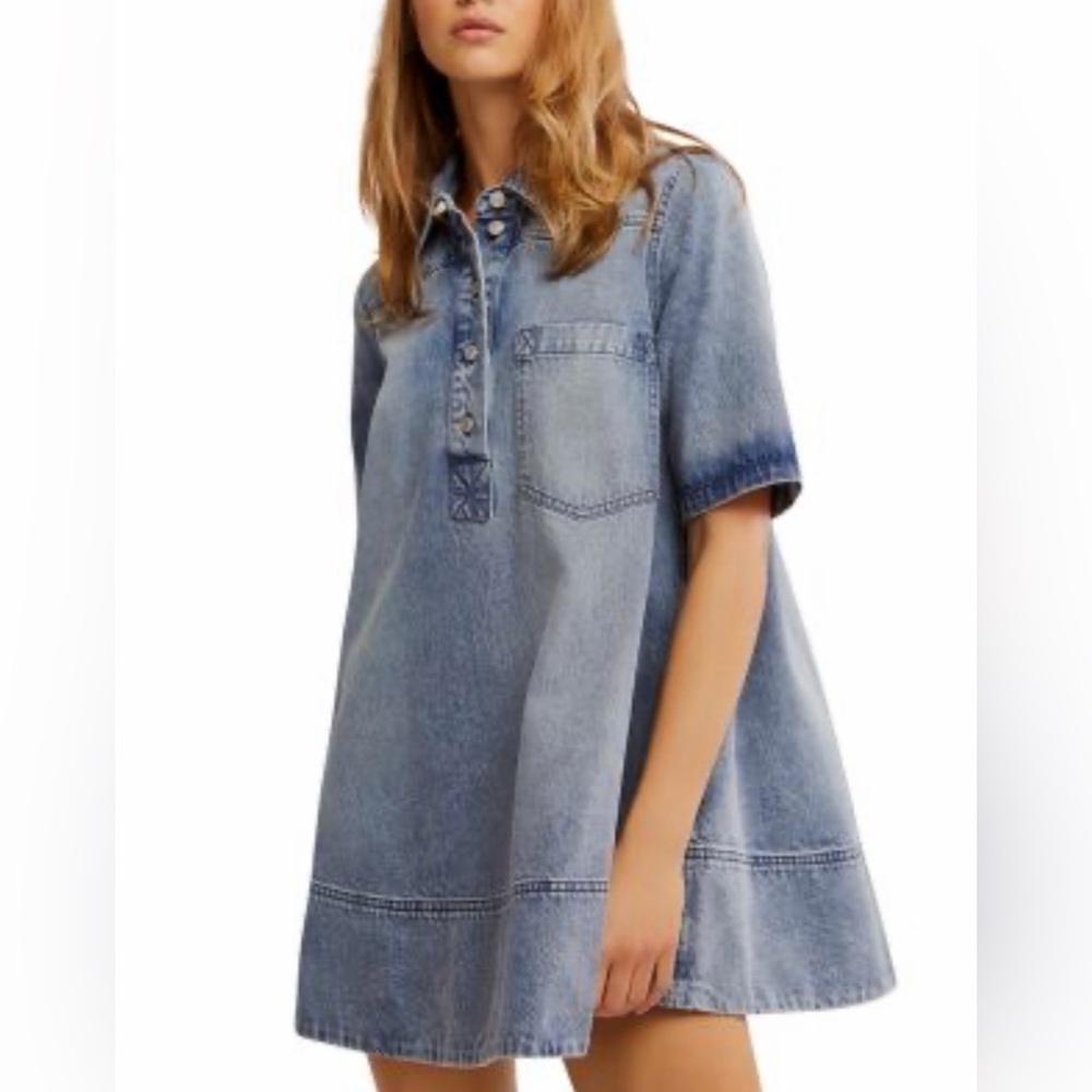 Free People Remino Collar Neck Short Sleeve Denim Mini Dress X-Large - Picture 2 of 12